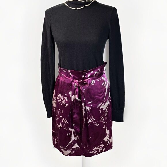 Theory‎ Fuchsia Purple Print Skirt 12 L Paperbag  Pinwheel Silk Cotton Belted - Picture 1 of 14
